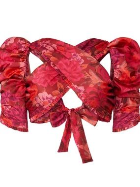 For Love & Lemons Red Floral Off-Shoulder Tie-Front Crop Top